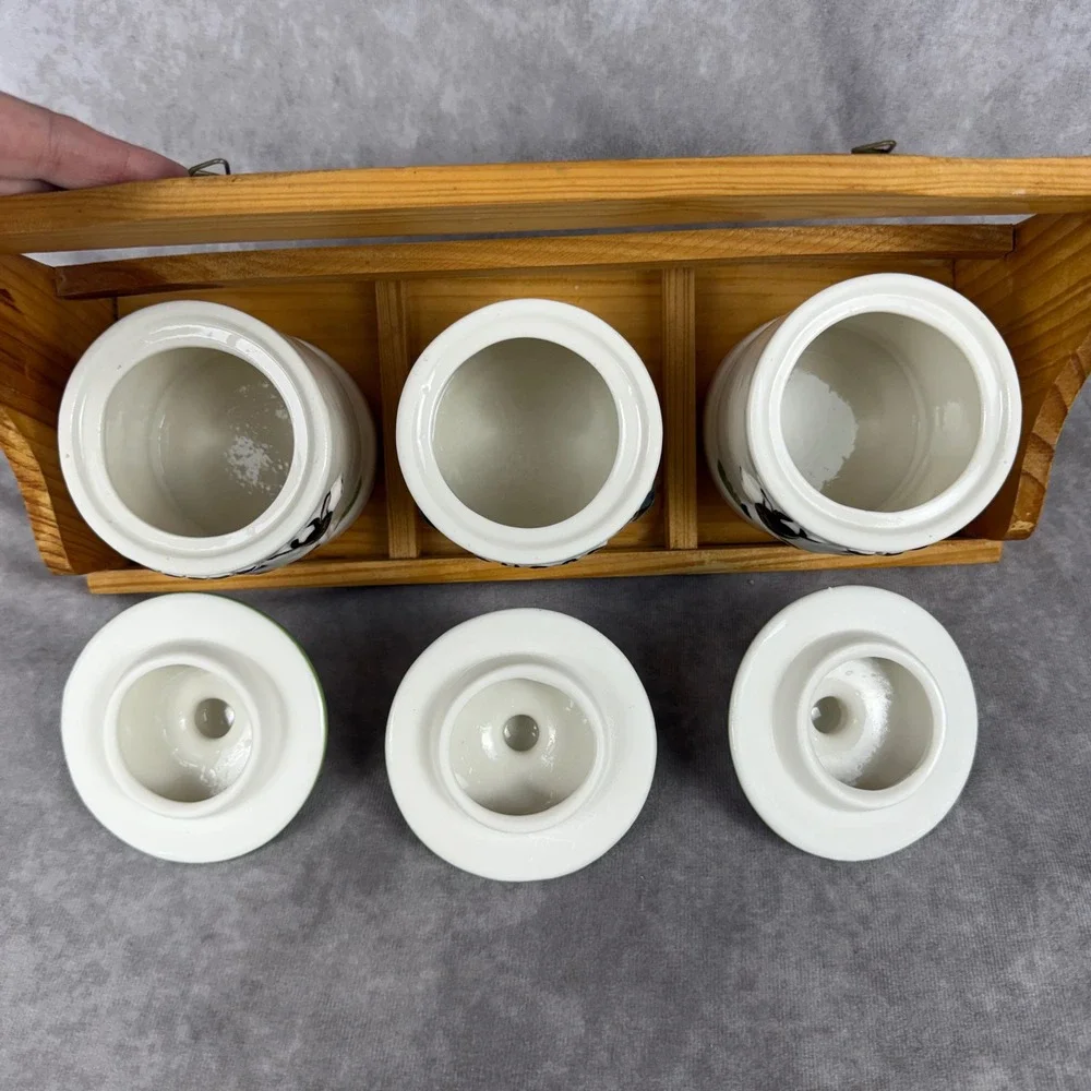 Vtg Casdia Ceramic Cow Canister Set 4Pc Wood Hanging Rack Coffee Sugar Tea Farm